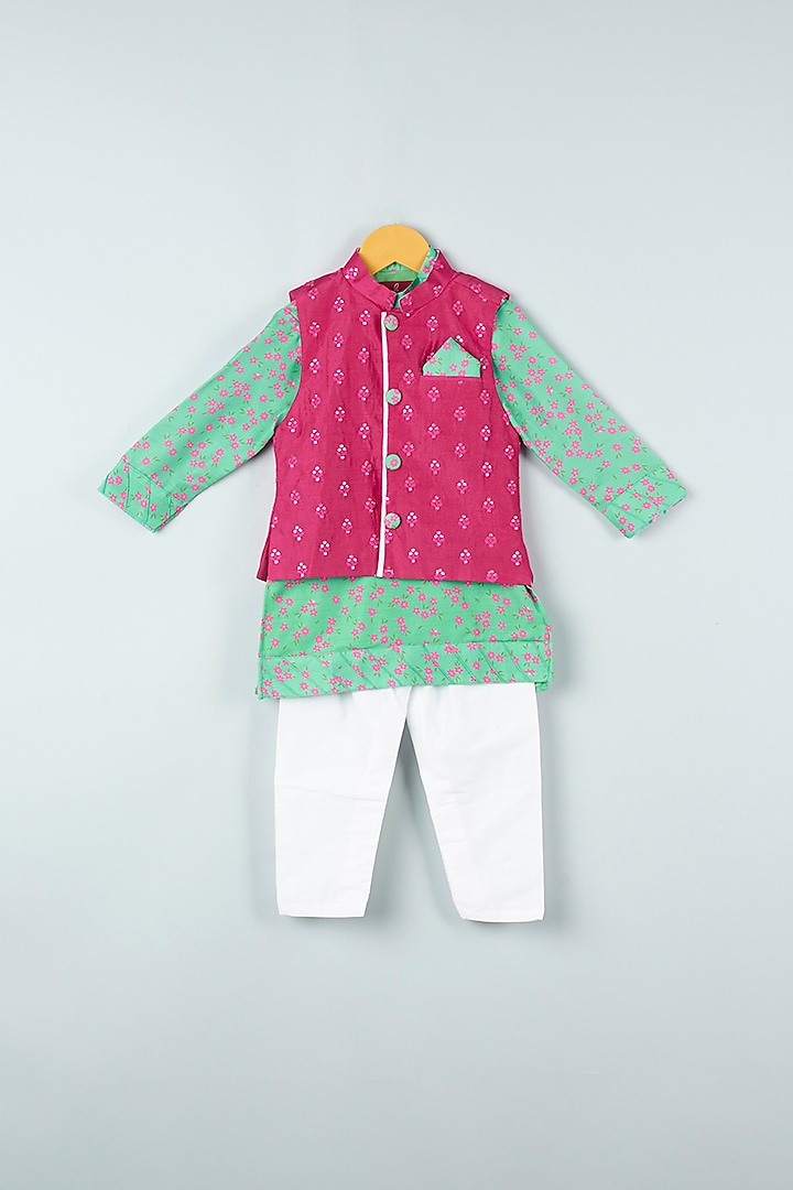 Aqua Green Kurta Set With Fuchsia Bundi Jacket For Boys by Kirti Agarwal Pret n Couture at Pernia's Pop Up Shop