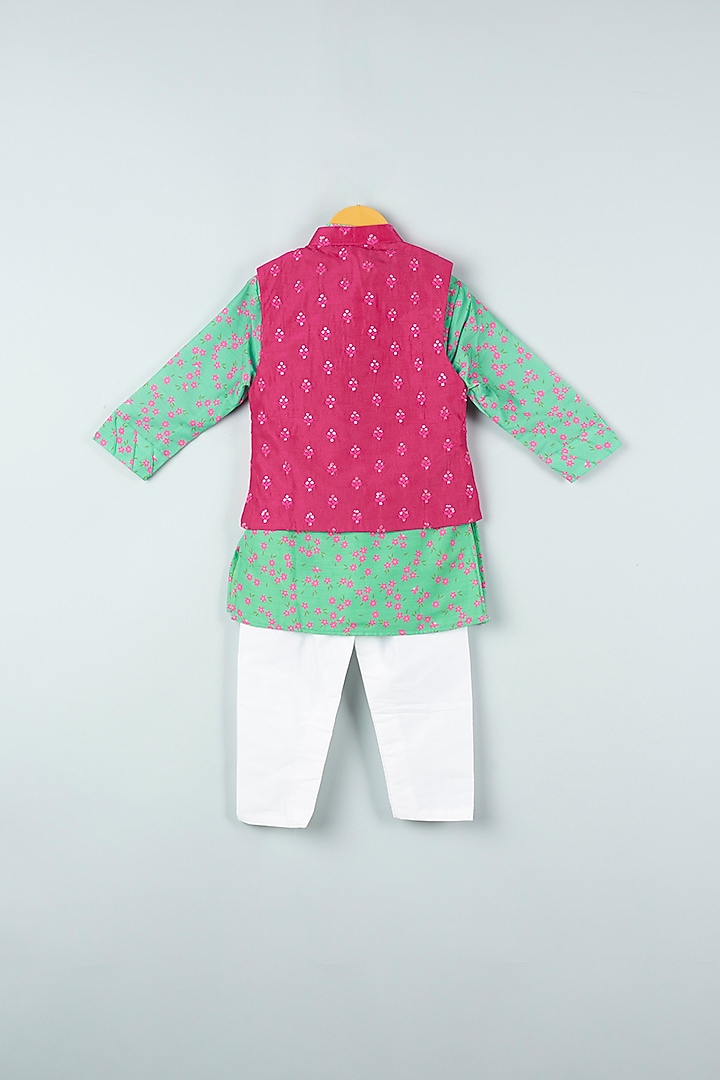 Aqua Green Kurta Set With Fuchsia Bundi Jacket For Boys by Kirti Agarwal Pret n Couture at Pernia's Pop Up Shop