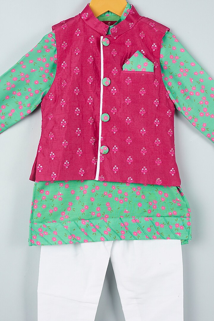 Aqua Green Kurta Set With Fuchsia Bundi Jacket For Boys by Kirti Agarwal Pret n Couture at Pernia's Pop Up Shop