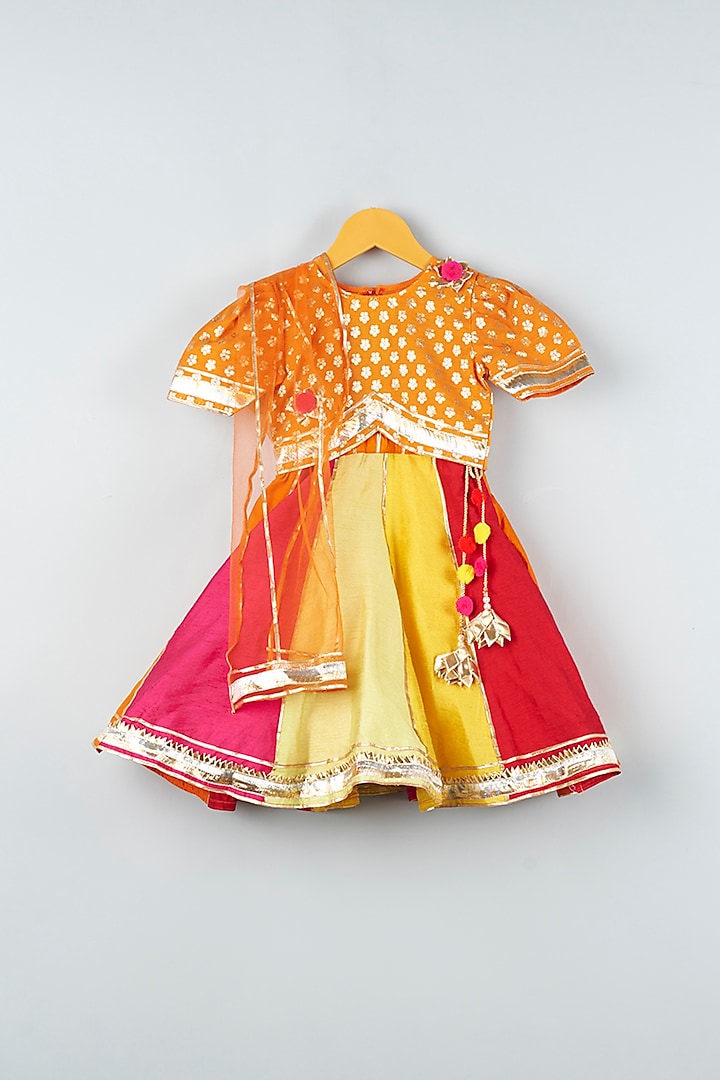 Multi-Colored Artificial Silk, Net, & Brocade Lehenga Set For Girls by Kirti Agarwal Pret n Couture