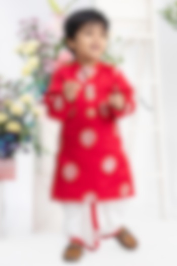 Red Silk Zari Bota Work Kurta Set For Boys by Kirti Agarwal Pret n Couture at Pernia's Pop Up Shop