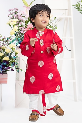 Red Silk Zari Bota Work Kurta Set For Boys by Kirti Agarwal Pret n Couture