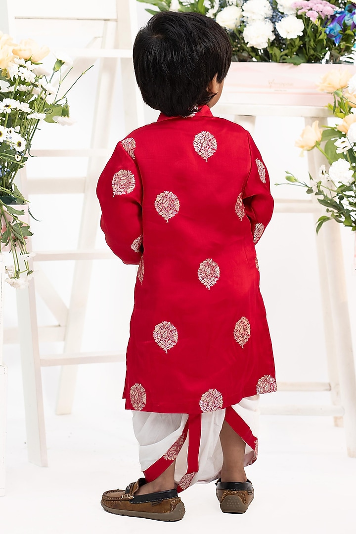 Red Silk Zari Bota Work Kurta Set For Boys by Kirti Agarwal Pret n Couture at Pernia's Pop Up Shop