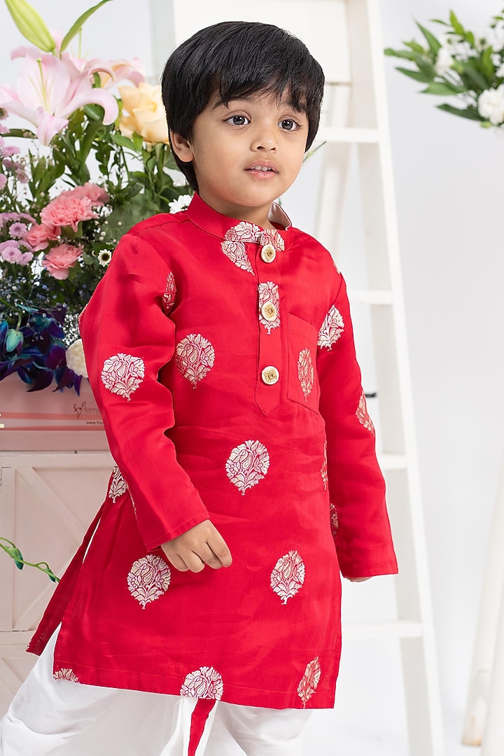 Red Silk Zari Bota Work Kurta Set For Boys by Kirti Agarwal Pret n Couture at Pernia's Pop Up Shop