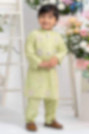 Pista Green Spun Silk Floral Hand Embroidered Kurta Set For Boys by Kirti Agarwal Pret n Couture at Pernia's Pop Up Shop