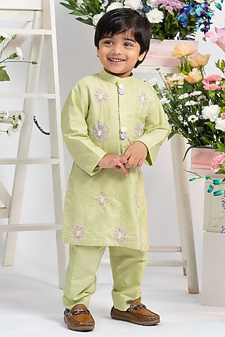 Pista Green Spun Silk Floral Hand Embroidered Kurta Set For Boys by Kirti Agarwal Pret n Couture