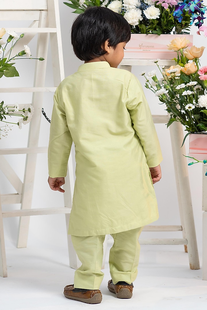 Pista Green Spun Silk Floral Hand Embroidered Kurta Set For Boys by Kirti Agarwal Pret n Couture at Pernia's Pop Up Shop