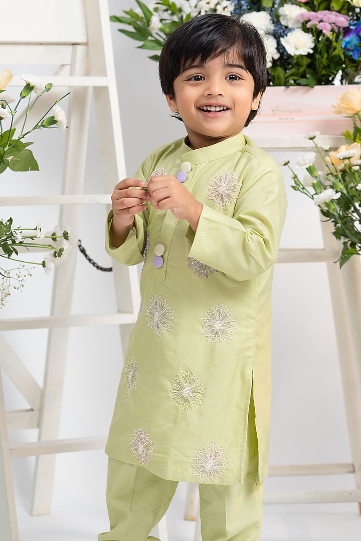 Pista Green Spun Silk Floral Hand Embroidered Kurta Set For Boys by Kirti Agarwal Pret n Couture at Pernia's Pop Up Shop