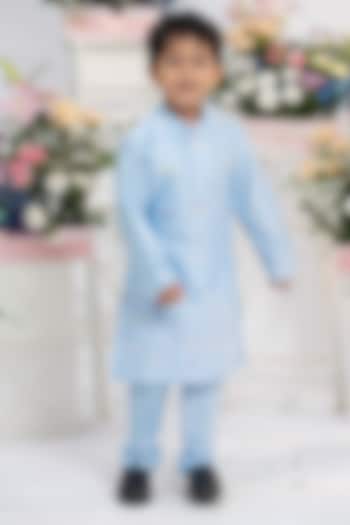 Soft Blue Spun Silk Floral Hand Embroidered Kurta Set For Boys by Kirti Agarwal Pret n Couture at Pernia's Pop Up Shop