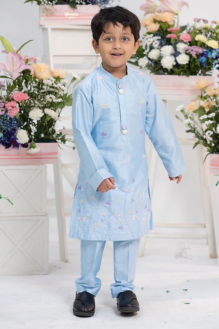 Soft Blue Spun Silk Floral Hand Embroidered Kurta Set For Boys by Kirti Agarwal Pret n Couture at Pernia's Pop Up Shop