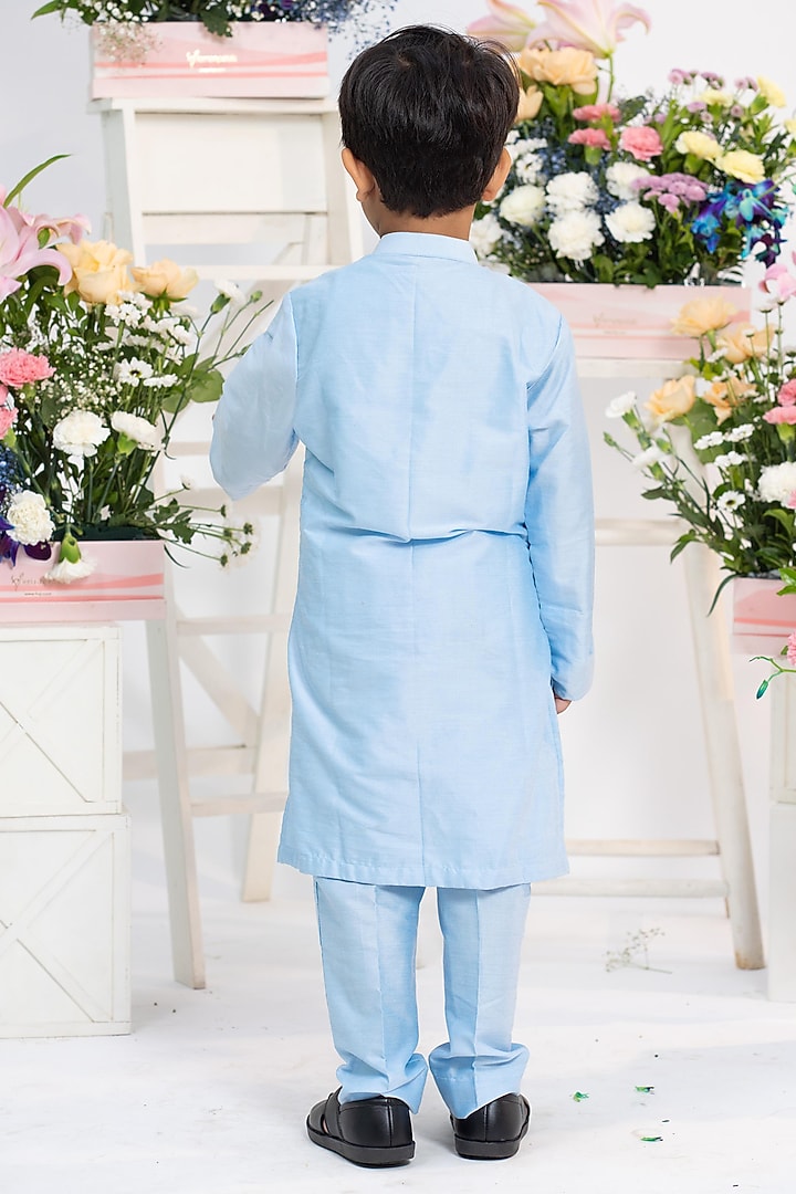 Soft Blue Spun Silk Floral Hand Embroidered Kurta Set For Boys by Kirti Agarwal Pret n Couture at Pernia's Pop Up Shop