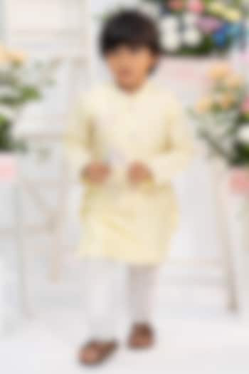 Lemon Yellow Spun Silk Hand Embroidered Front Open Jacket Set For Boys by Kirti Agarwal Pret n Couture at Pernia's Pop Up Shop