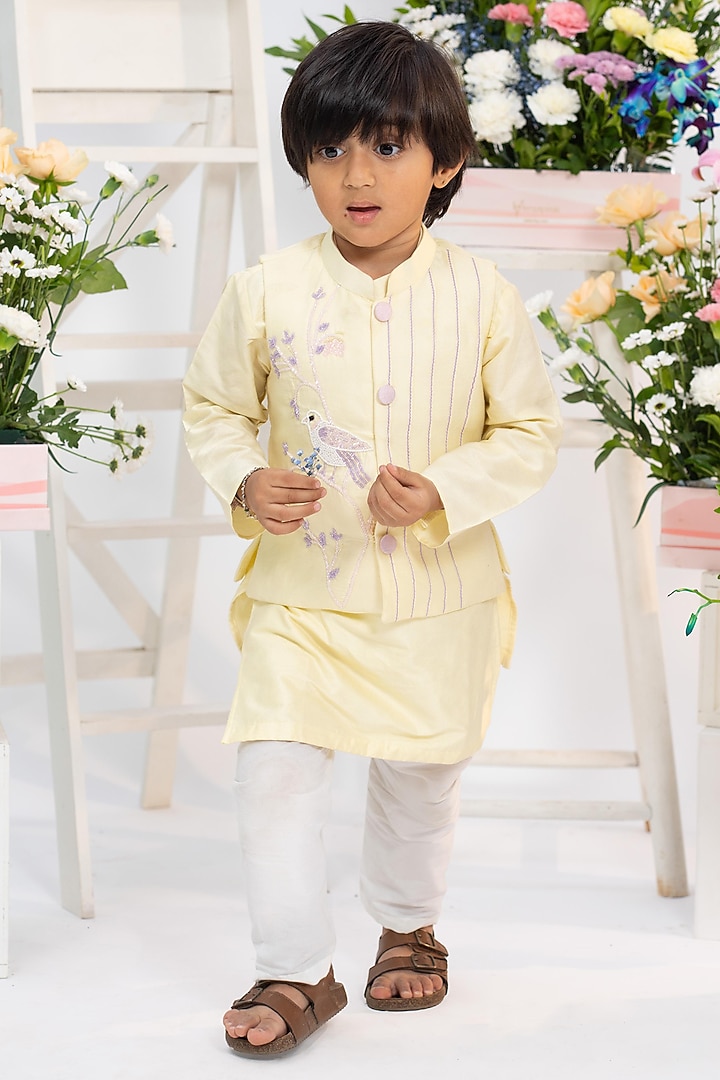Lemon Yellow Spun Silk Hand Embroidered Front Open Jacket Set For Boys by Kirti Agarwal Pret n Couture at Pernia's Pop Up Shop