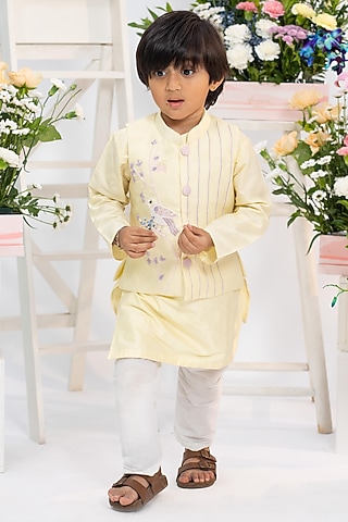 Lemon Yellow Spun Silk Hand Embroidered Front Open Jacket Set For Boys by Kirti Agarwal Pret n Couture