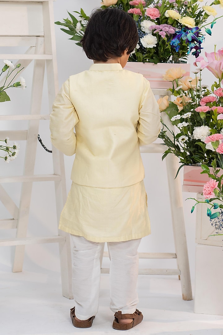Lemon Yellow Spun Silk Hand Embroidered Front Open Jacket Set For Boys by Kirti Agarwal Pret n Couture at Pernia's Pop Up Shop