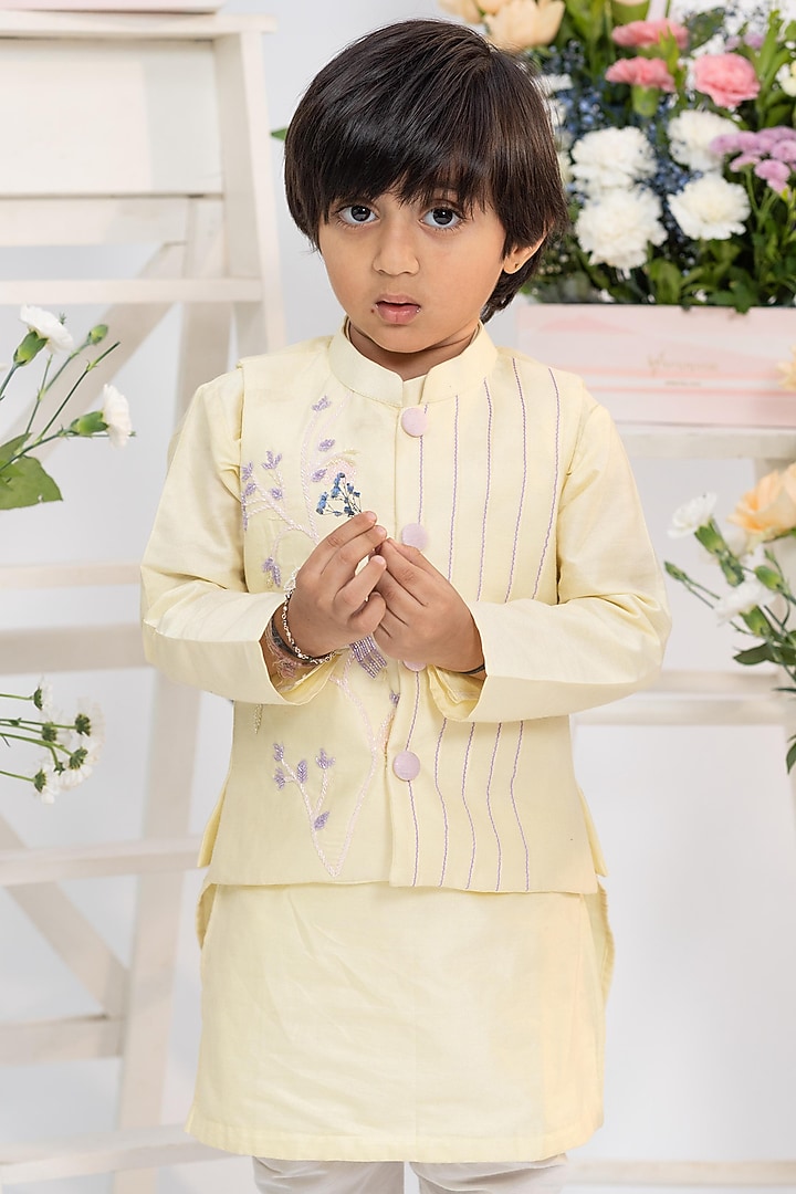 Lemon Yellow Spun Silk Hand Embroidered Front Open Jacket Set For Boys by Kirti Agarwal Pret n Couture at Pernia's Pop Up Shop