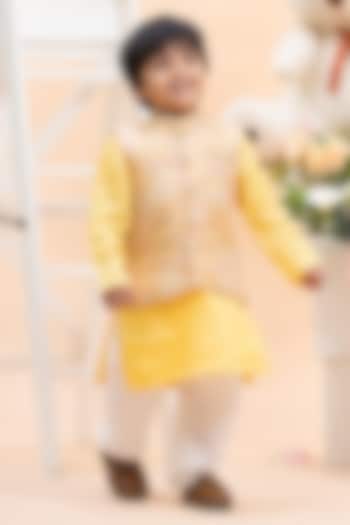Yellow Dola Silk Nehru Jacket Set For Boys by Kirti Agarwal Pret n Couture at Pernia's Pop Up Shop