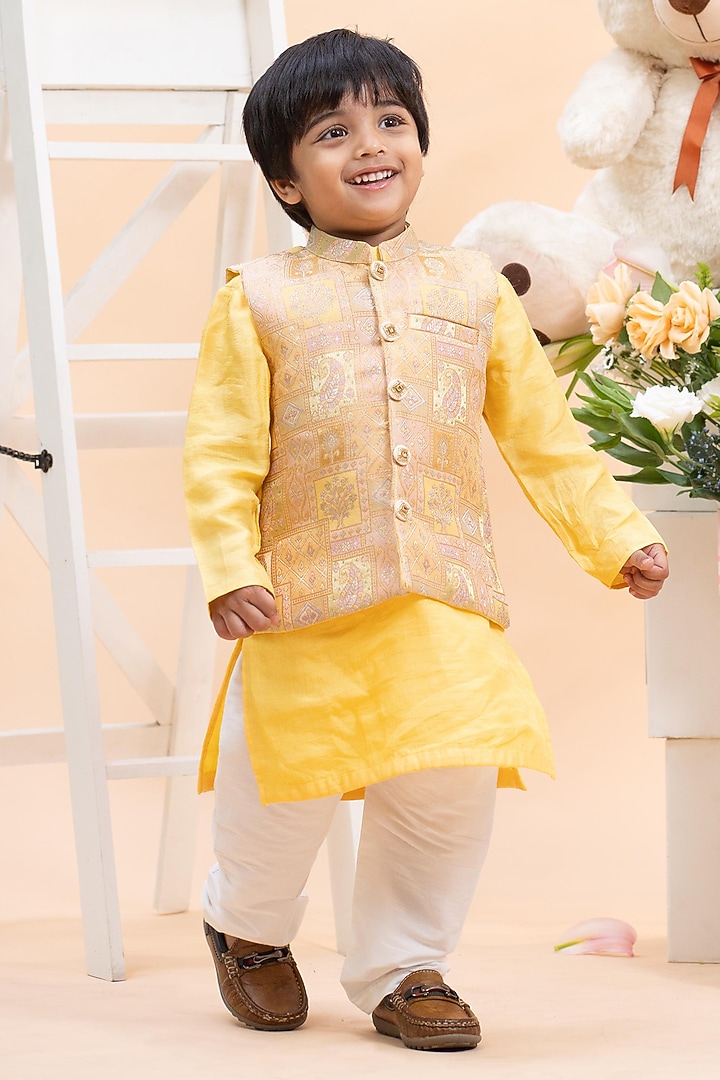 Yellow Dola Silk Nehru Jacket Set For Boys by Kirti Agarwal Pret n Couture at Pernia's Pop Up Shop