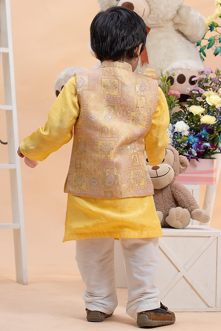 Yellow Dola Silk Nehru Jacket Set For Boys by Kirti Agarwal Pret n Couture at Pernia's Pop Up Shop