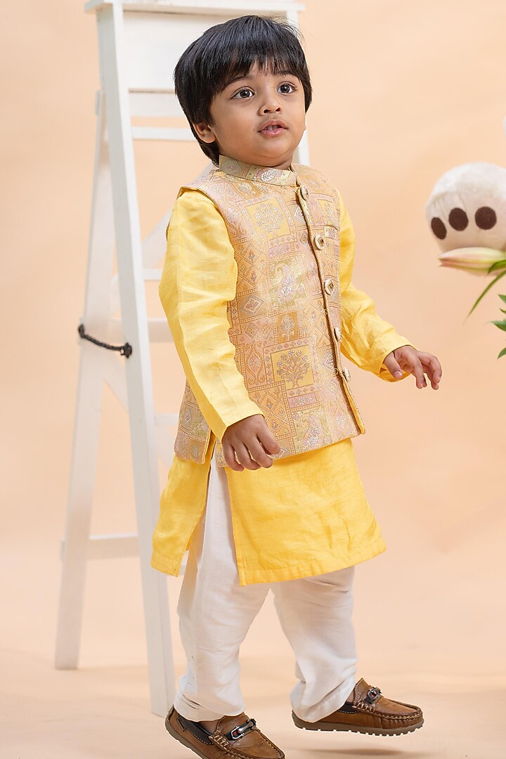 Yellow Dola Silk Nehru Jacket Set For Boys by Kirti Agarwal Pret n Couture at Pernia's Pop Up Shop