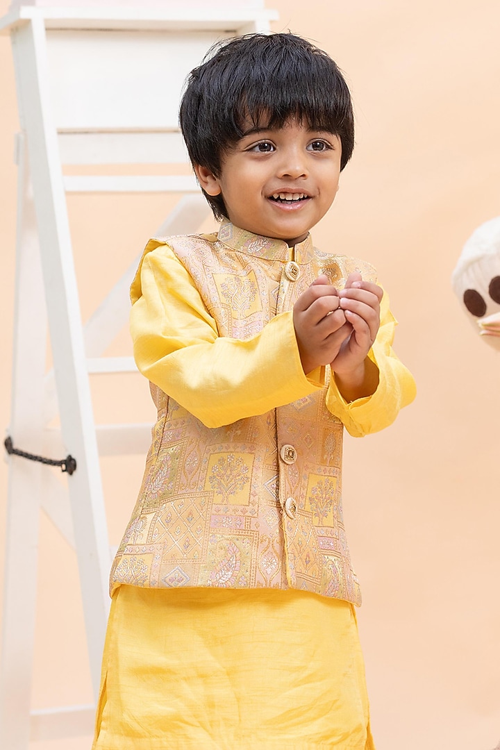 Yellow Dola Silk Nehru Jacket Set For Boys by Kirti Agarwal Pret n Couture at Pernia's Pop Up Shop