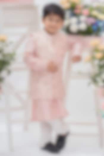 Blush Pink Silk Floral Thread Embroidered Nehru Jacket Set For Boys by Kirti Agarwal Pret n Couture at Pernia's Pop Up Shop