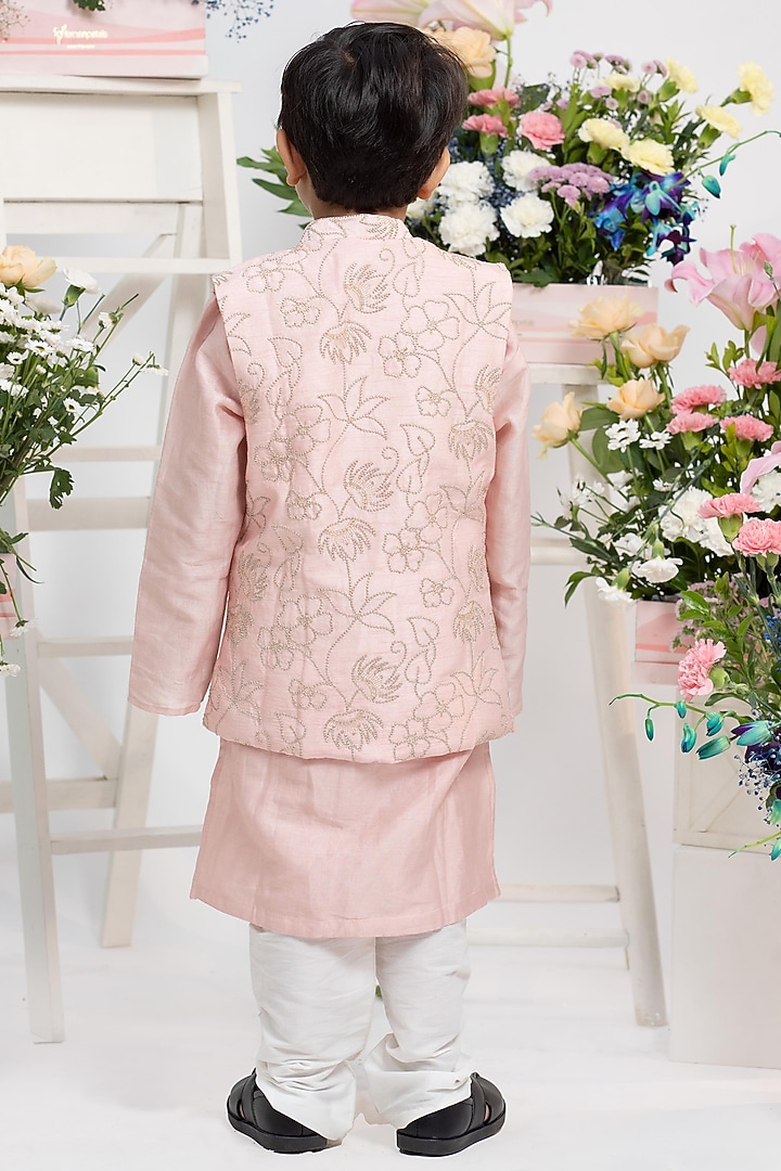 Blush Pink Silk Floral Thread Embroidered Nehru Jacket Set For Boys by Kirti Agarwal Pret n Couture at Pernia's Pop Up Shop