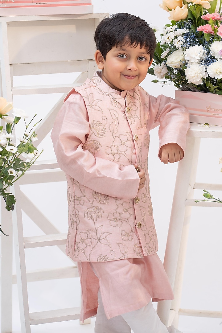 Blush Pink Silk Floral Thread Embroidered Nehru Jacket Set For Boys by Kirti Agarwal Pret n Couture at Pernia's Pop Up Shop