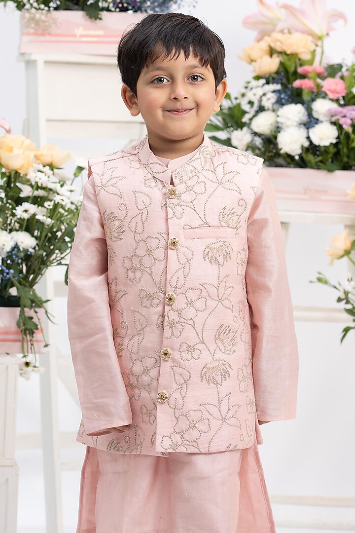 Blush Pink Silk Floral Thread Embroidered Nehru Jacket Set For Boys by Kirti Agarwal Pret n Couture at Pernia's Pop Up Shop