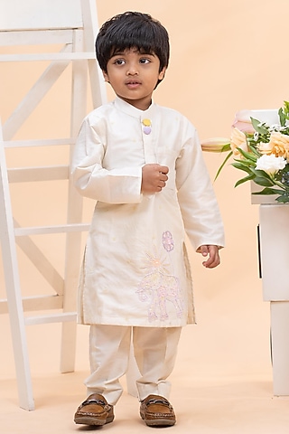 Ivory Spun Silk Thread Embroidered Kurta Set For Boys by Kirti Agarwal Pret n Couture