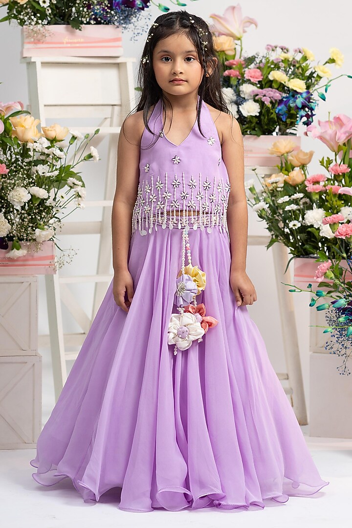 Lavender Viscose Organza Silk Floral Embroidered Flared Lehenga Set For Girls by Kirti Agarwal Pret n Couture at Pernia's Pop Up Shop