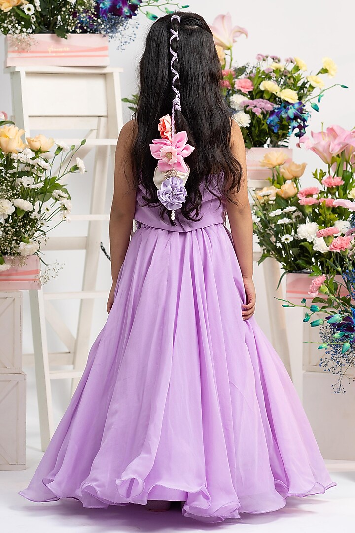 Lavender Viscose Organza Silk Floral Embroidered Flared Lehenga Set For Girls by Kirti Agarwal Pret n Couture at Pernia's Pop Up Shop