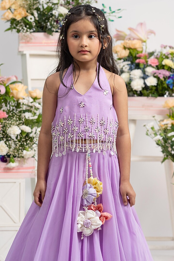 Lavender Viscose Organza Silk Floral Embroidered Flared Lehenga Set For Girls by Kirti Agarwal Pret n Couture at Pernia's Pop Up Shop