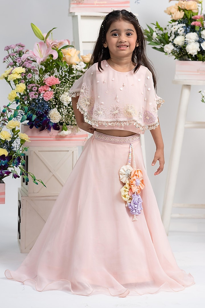 Blush Pink Viscose Organza Silk Floral Embellished Flared Lehenga Set For Girls by Kirti Agarwal Pret n Couture at Pernia's Pop Up Shop