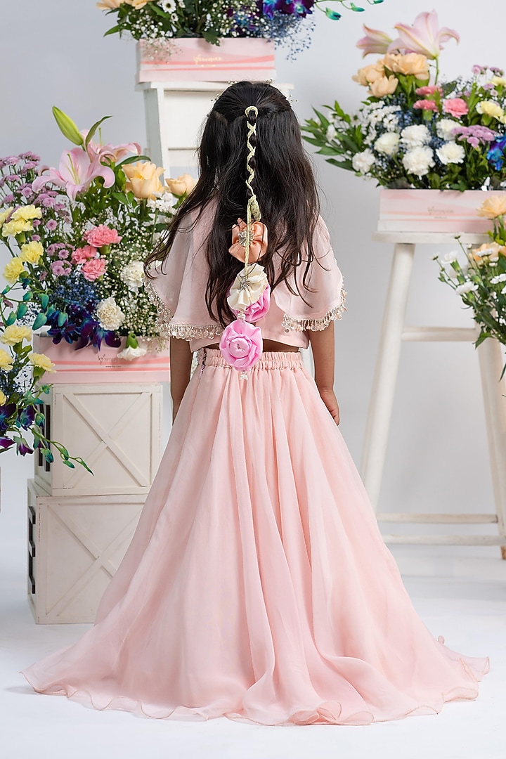 Blush Pink Viscose Organza Silk Floral Embellished Flared Lehenga Set For Girls by Kirti Agarwal Pret n Couture at Pernia's Pop Up Shop