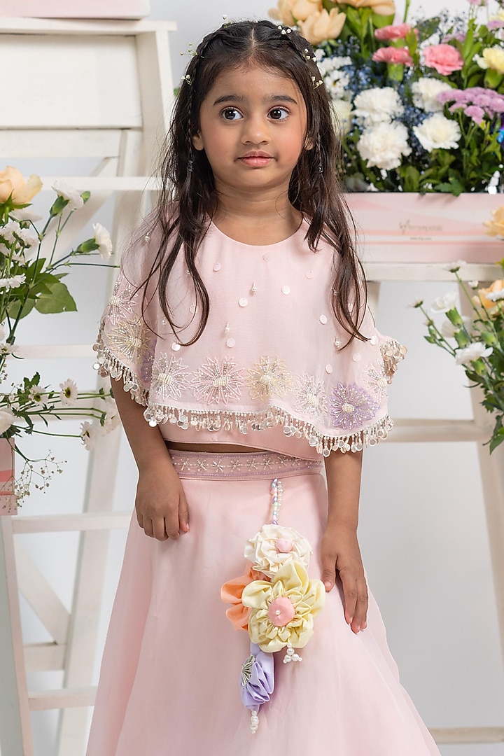 Blush Pink Viscose Organza Silk Floral Embellished Flared Lehenga Set For Girls by Kirti Agarwal Pret n Couture at Pernia's Pop Up Shop