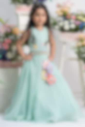 Mint Viscose Organza Silk Hand Embroidered Flared Lehenga Set For Girls by Kirti Agarwal Pret n Couture at Pernia's Pop Up Shop