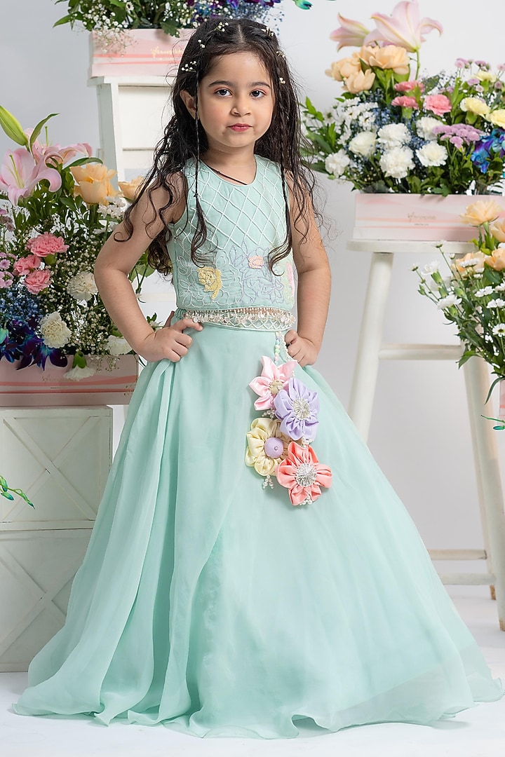 Mint Viscose Organza Silk Hand Embroidered Flared Lehenga Set For Girls by Kirti Agarwal Pret n Couture at Pernia's Pop Up Shop