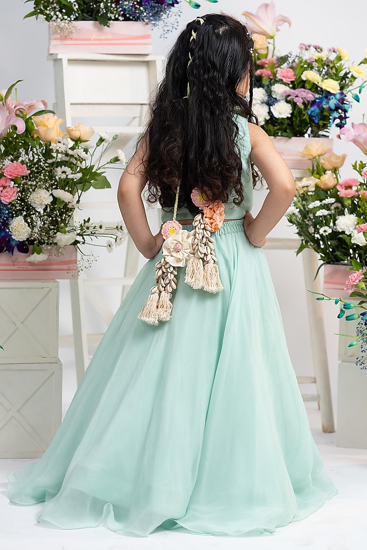 Mint Viscose Organza Silk Hand Embroidered Flared Lehenga Set For Girls by Kirti Agarwal Pret n Couture at Pernia's Pop Up Shop