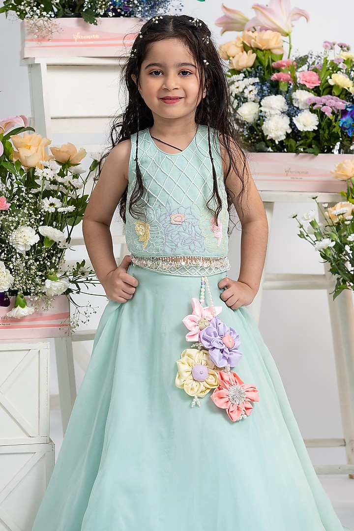 Mint Viscose Organza Silk Hand Embroidered Flared Lehenga Set For Girls by Kirti Agarwal Pret n Couture at Pernia's Pop Up Shop
