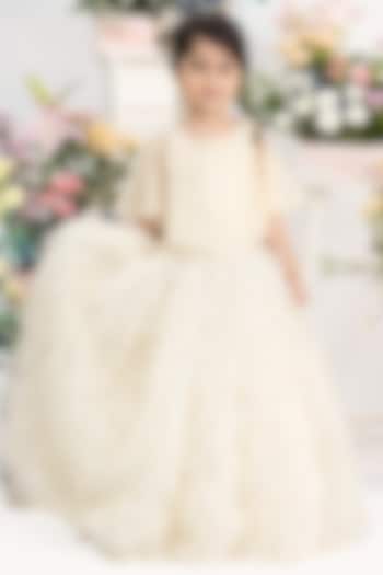 Ivory Net Pearl Hand Work Flared Lehenga Set For Girls by Kirti Agarwal Pret n Couture at Pernia's Pop Up Shop