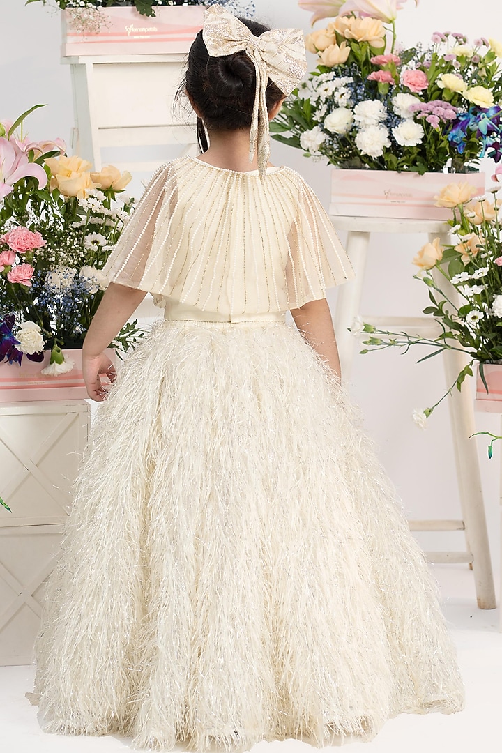 Ivory Net Pearl Hand Work Flared Lehenga Set For Girls by Kirti Agarwal Pret n Couture at Pernia's Pop Up Shop