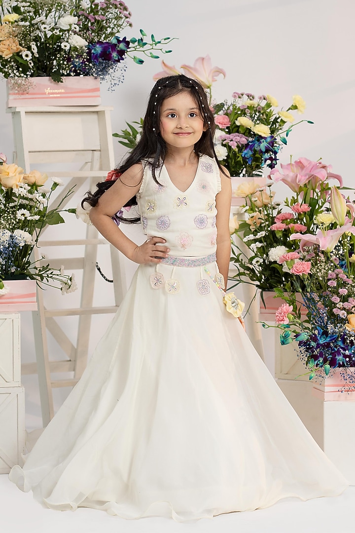 Ivory Viscose Organza Silk Embroidered Flared Lehenga Set For Girls by Kirti Agarwal Pret n Couture at Pernia's Pop Up Shop