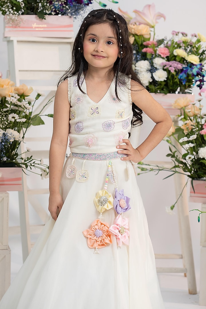 Ivory Viscose Organza Silk Embroidered Flared Lehenga Set For Girls by Kirti Agarwal Pret n Couture at Pernia's Pop Up Shop