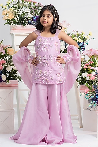 Lavender Organza Satin Hand Embroidered Sharara Set For Girls by Kirti Agarwal Pret n Couture