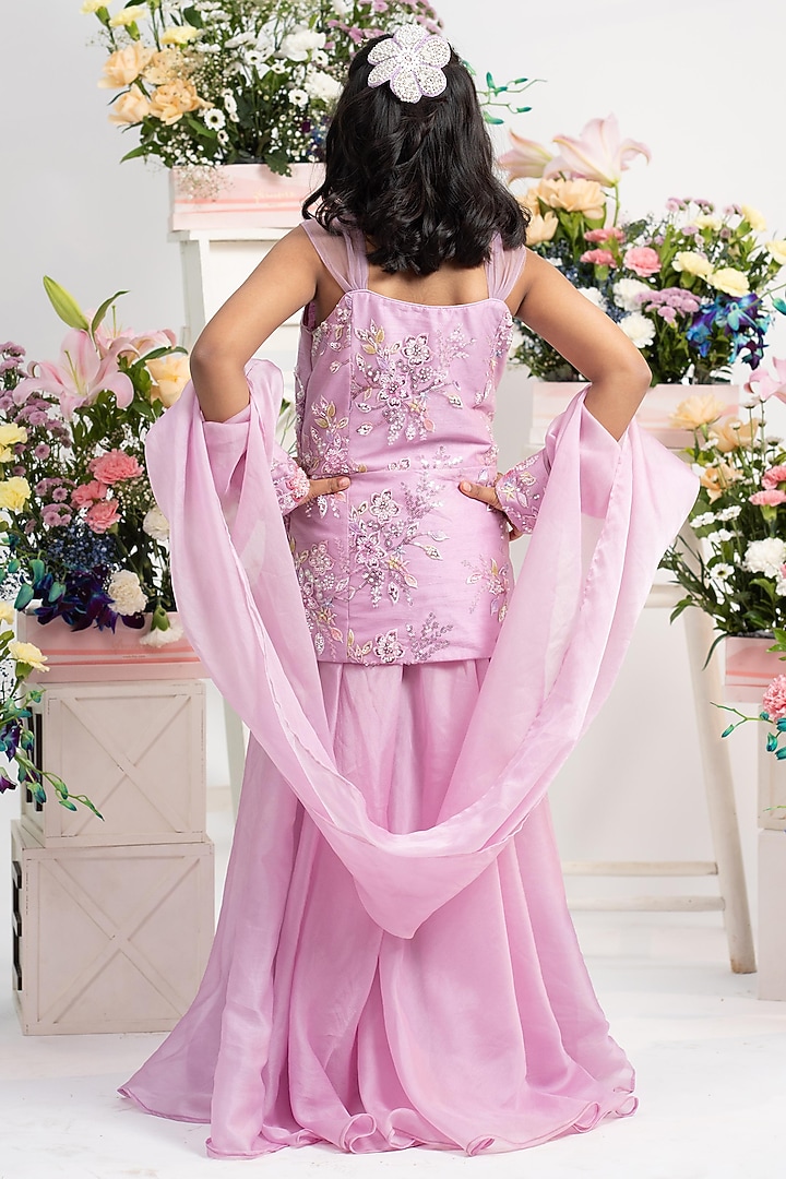 Lavender Organza Satin Hand Embroidered Sharara Set For Girls by Kirti Agarwal Pret n Couture at Pernia's Pop Up Shop