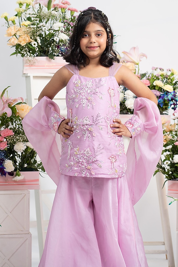 Lavender Organza Satin Hand Embroidered Sharara Set For Girls by Kirti Agarwal Pret n Couture at Pernia's Pop Up Shop