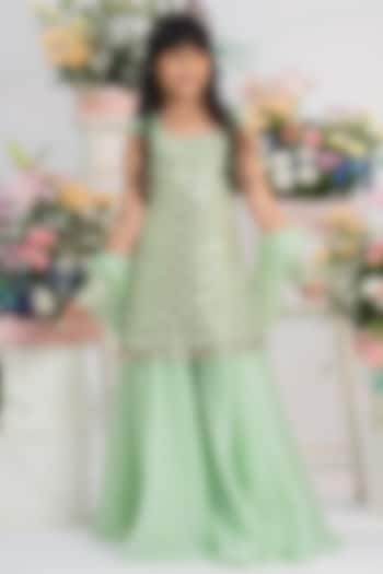 Mint Green Organza Satin Mirror Embellished Sharara Set For Girls by Kirti Agarwal Pret n Couture at Pernia's Pop Up Shop