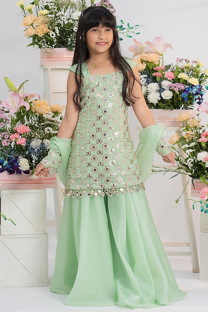 Mint Green Organza Satin Mirror Embellished Sharara Set For Girls by Kirti Agarwal Pret n Couture at Pernia's Pop Up Shop