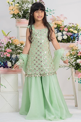 Mint Green Organza Satin Mirror Embellished Sharara Set For Girls by Kirti Agarwal Pret n Couture